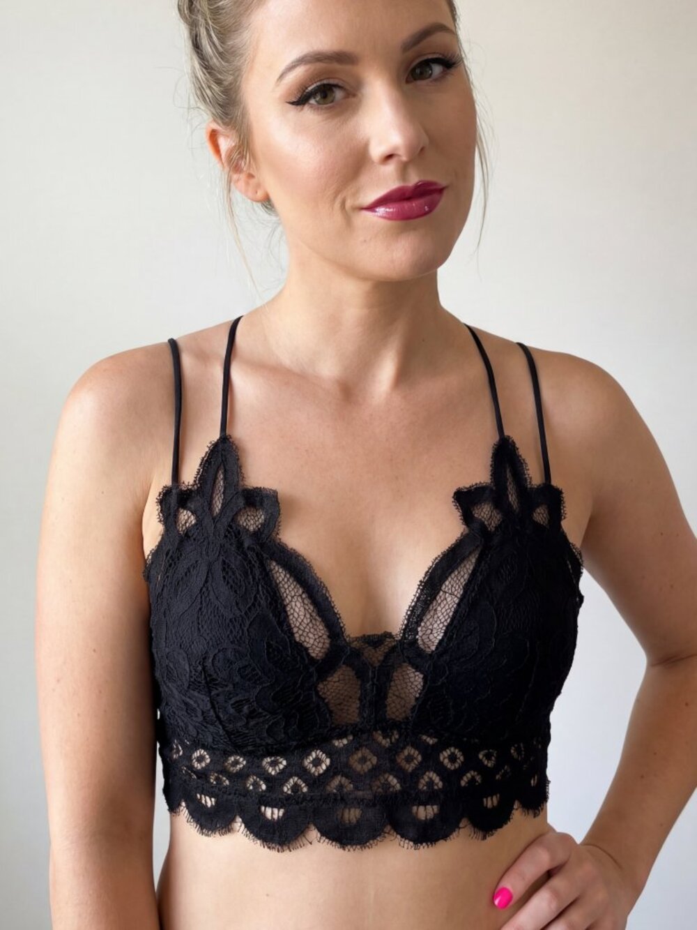 Black Floral Lace Cami Bralette Top w/ Removable Pads-Size XL